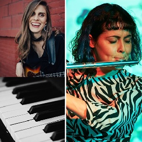 Photo montage of two female musicians, one has large smile and long hair with an electric guitar, there is a close up  photo of  piano keys underneath this artsit. Second musician has a fringe and shoulder length hair, she wears a black and white patterned top like a zebra pattern, her lips are pursed blowing into a shiny silver flute, her eyes are closed and she looks passionate